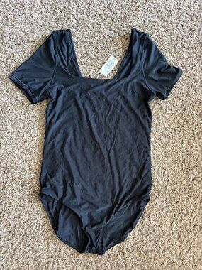Aerie Smoothez Black Short Sleeve Square Neck Bodysuit New With Tags